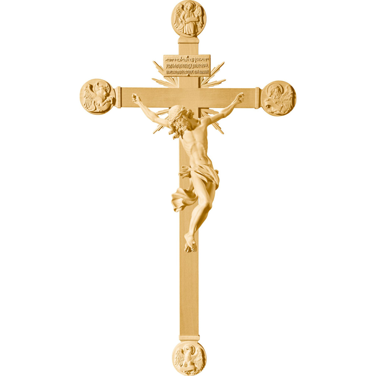 Cristo Barroco en cruz con Evangelistas y rayos con Titulus Crucis en hebreo - latín - griego